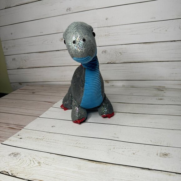 Metallic Sparkly Brontosaurus Dinosaur Plush Toy With Blue Belly & Red Spikes - Picture 2 of 8